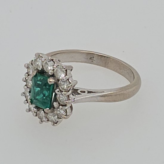 Pre Owned 18ct White Gold Emerald and Diamond Cluster Ring ZB879